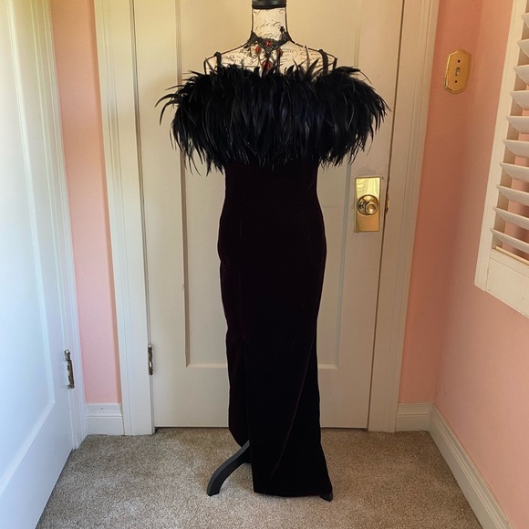 Vintage Velvet Gothic Gown with Feather Neckline - Picture 4 of 13